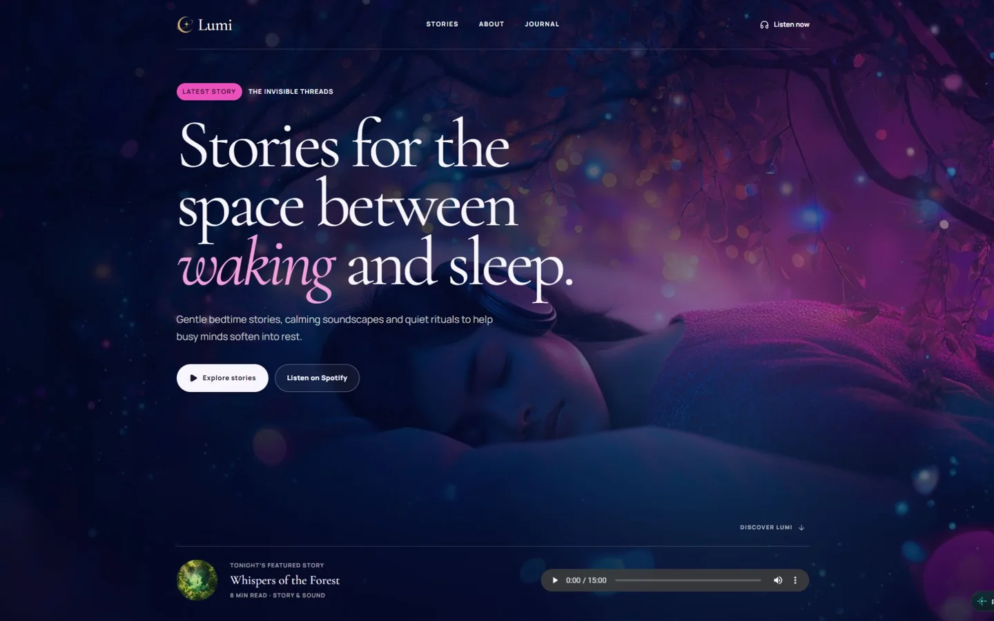 Dreaming with Lumi homepage with a luminous night-time story world