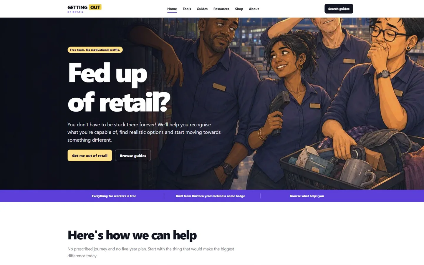 Getting Out of Retail homepage introducing free career tools for retail workers