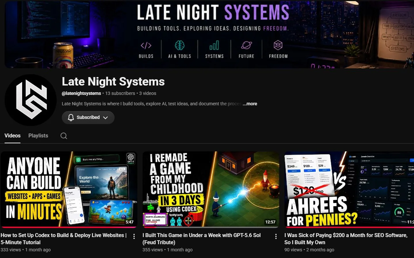 Late Night Systems YouTube channel with videos about building websites, a game and SEO software