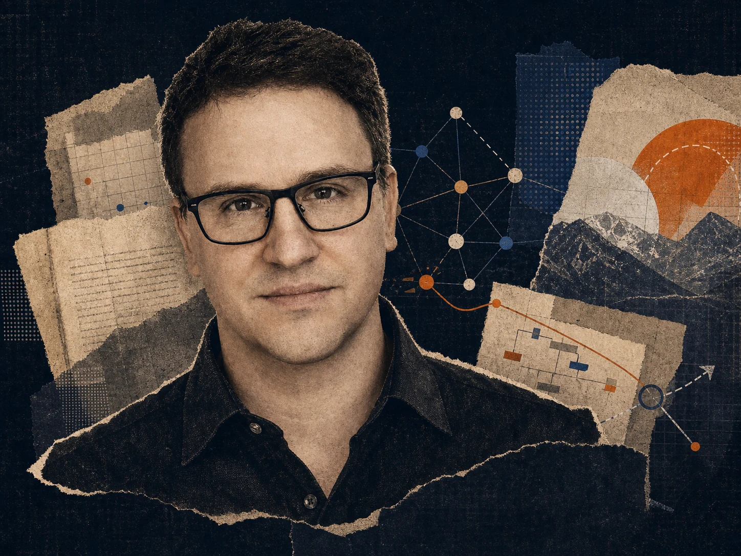 Editorial collage portrait of Rob Knott